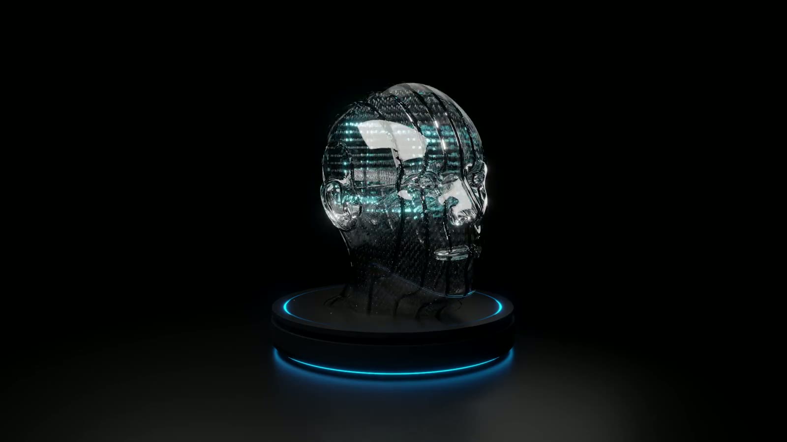 The glass head lit only by the LED cube inside it
