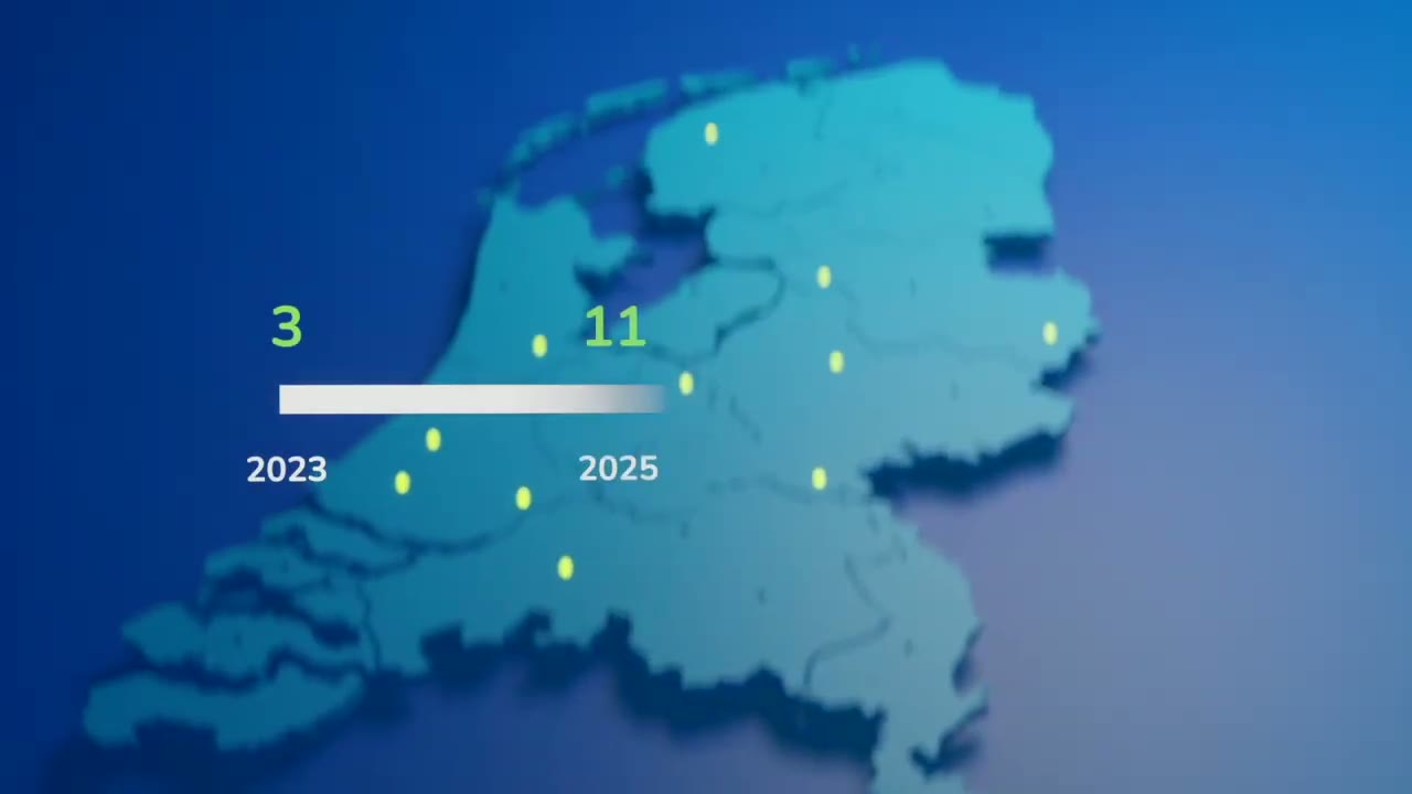 Rollout map of the Netherlands counting from three stations to eleven