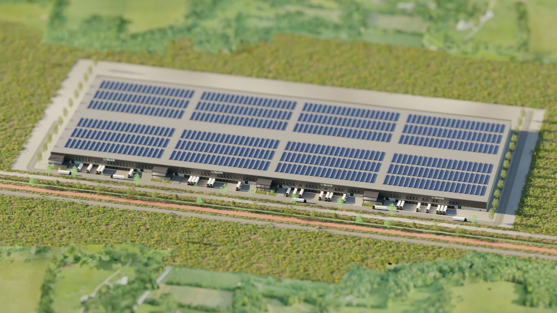 Aerial over the fully solar-panelled roof