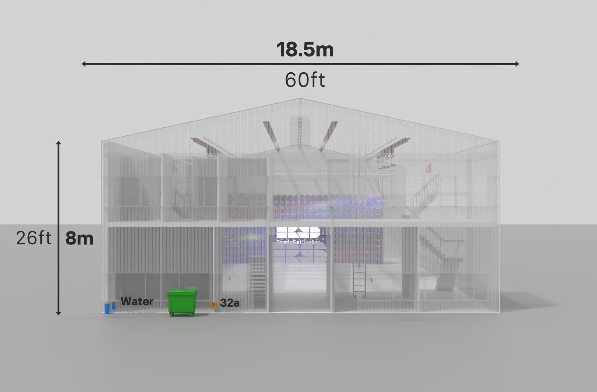 Front elevation with the 8 metre grid height dimensioned