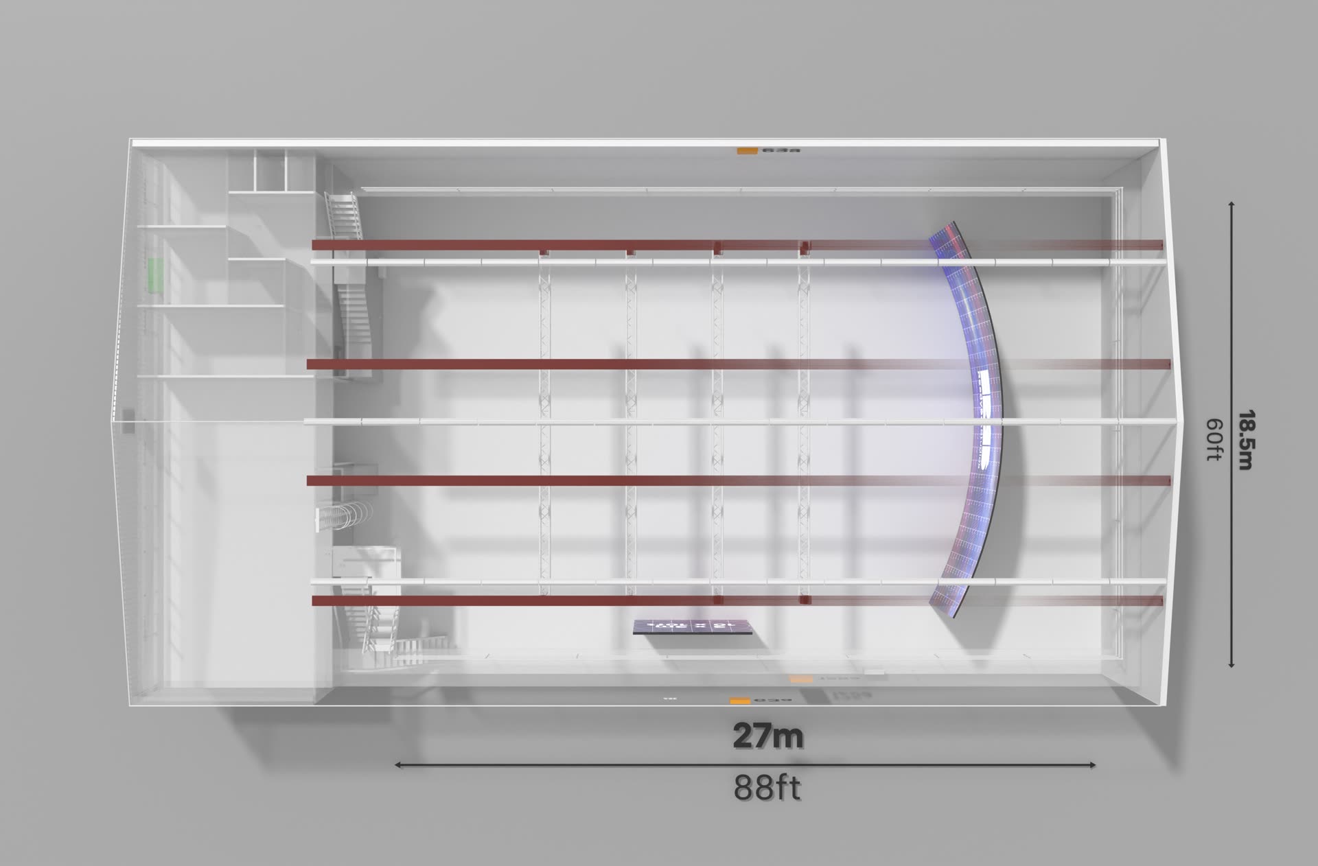 Top-down view showing the floor layout and the LED wall