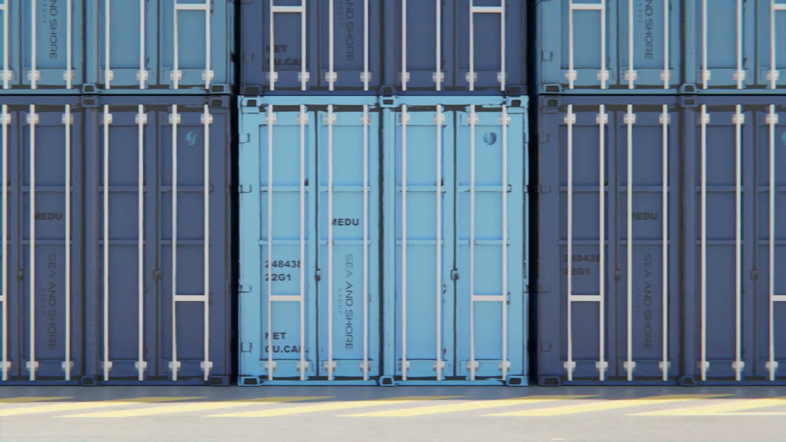 Branded containers stacked in the yard