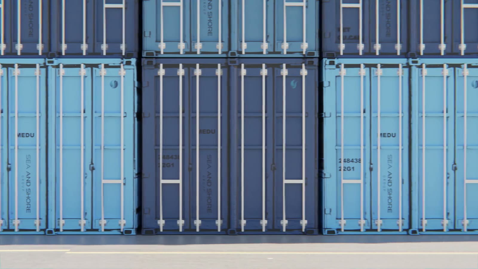The mark repeating across a wall of containers