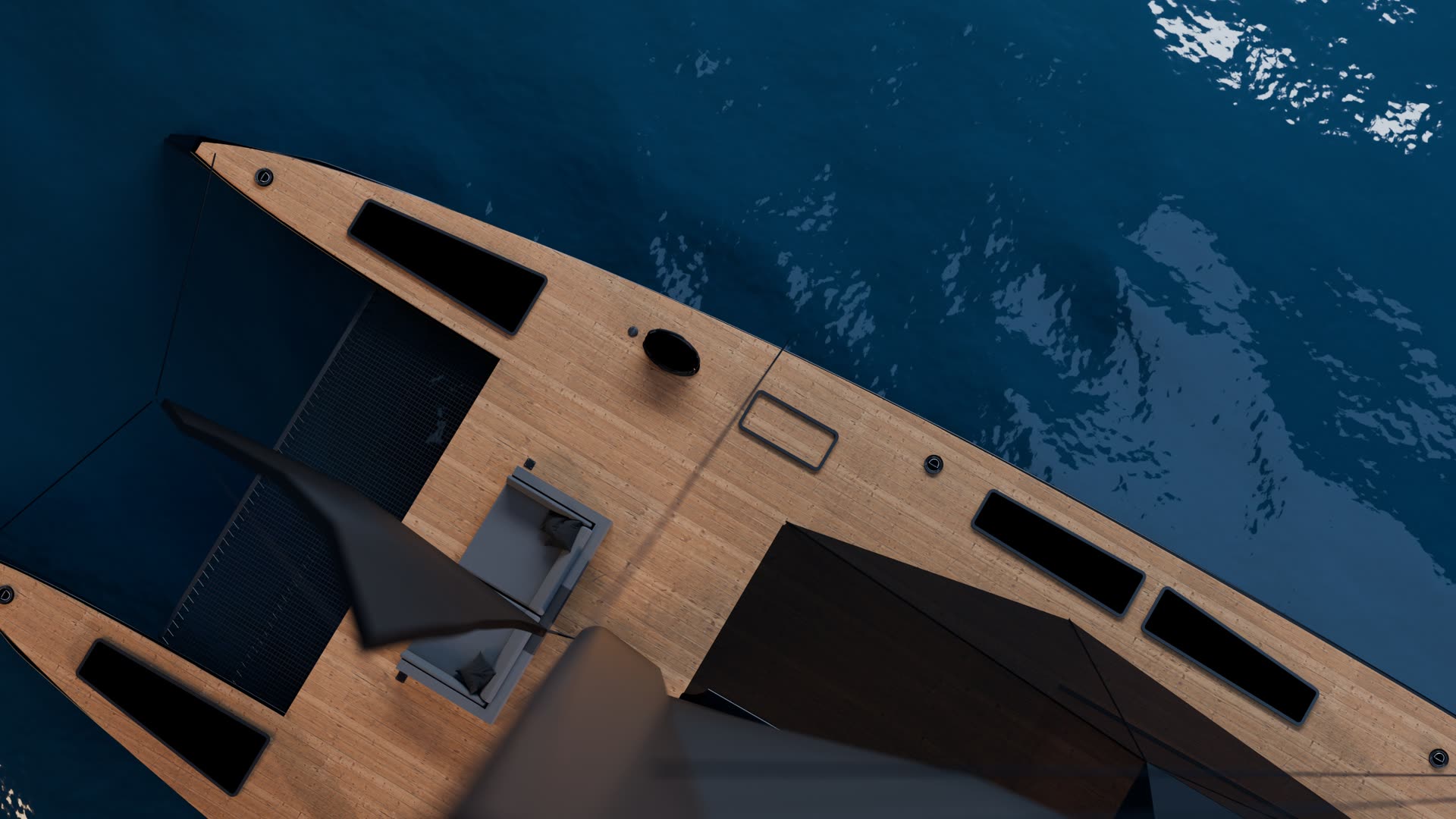 Foredeck detail — teak, flush hatches and deck hardware