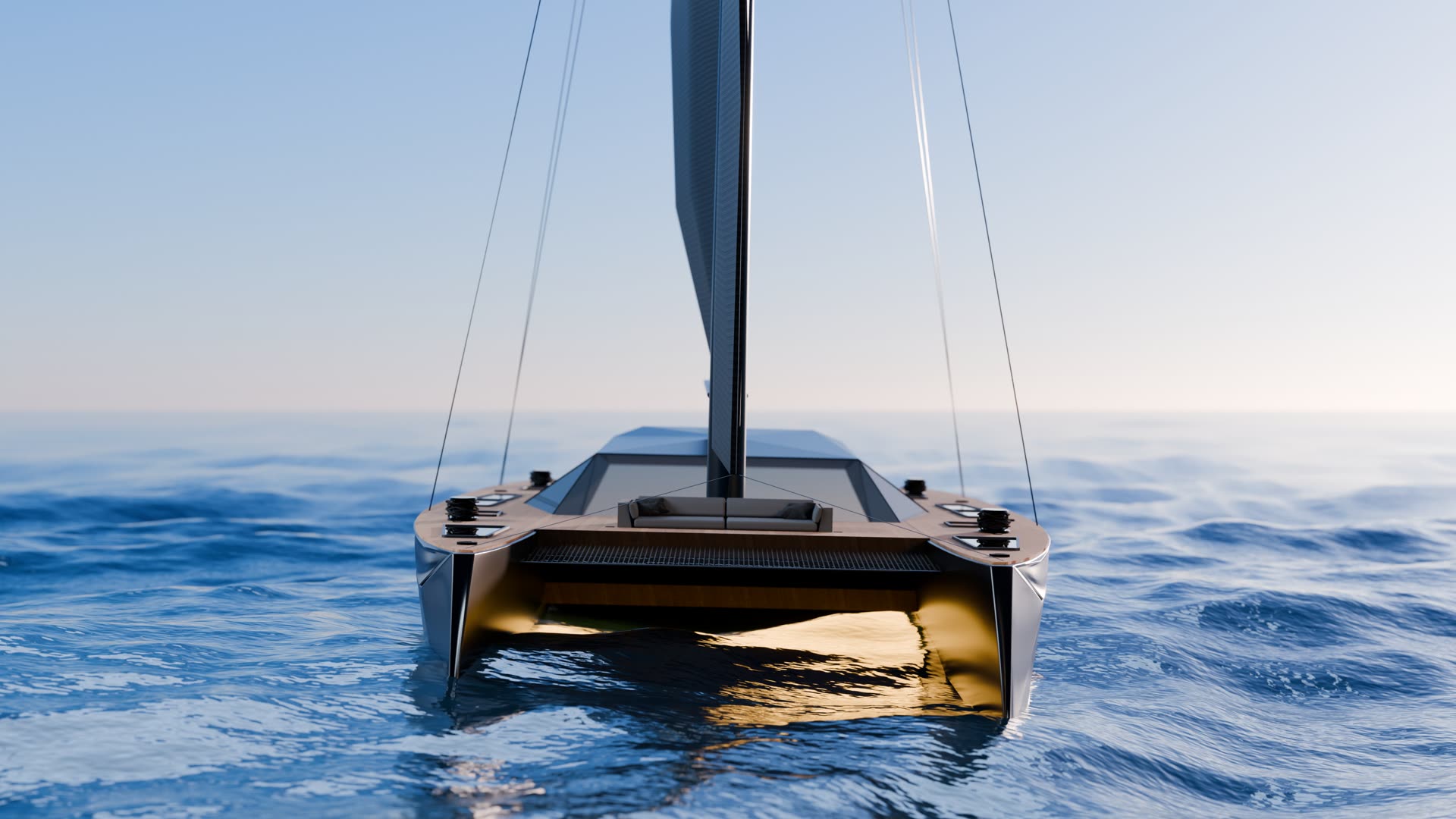 Head-on at the bow, light bouncing off the underside of the hulls