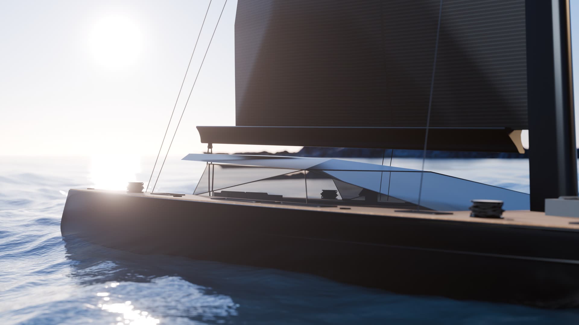 Backlit into the sun, the rig reading as silhouette