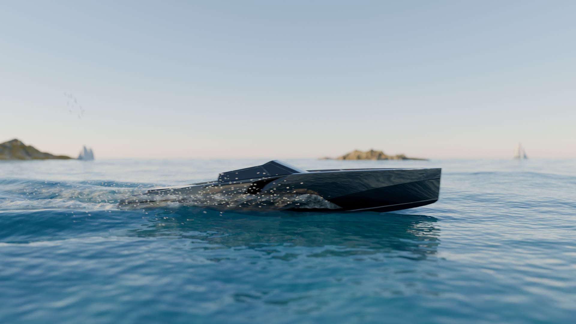 Low along the waterline, spray coming off the hull at speed
