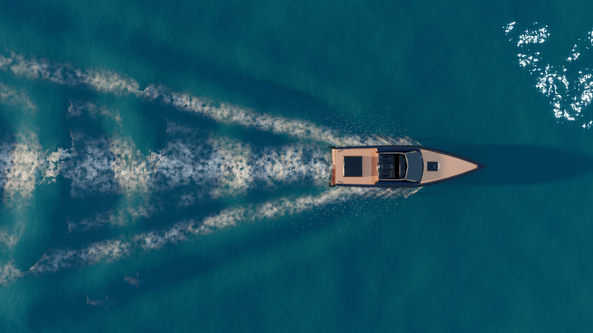 Straight down from above, the wake opening behind the boat