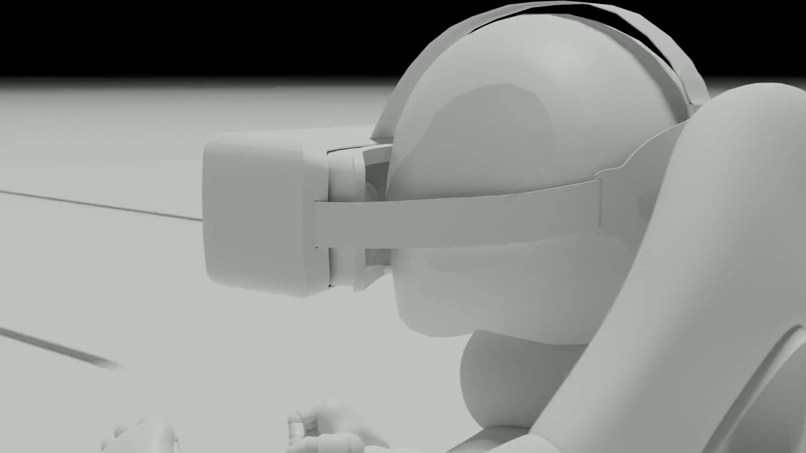 The same driver, in a headset, hands on a wheel that is not there